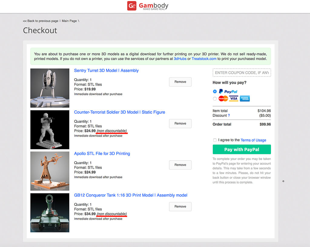 Gambody non-discountable items for 3D printing