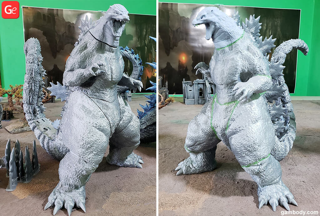 Godzilla model 3D printed in silver filament