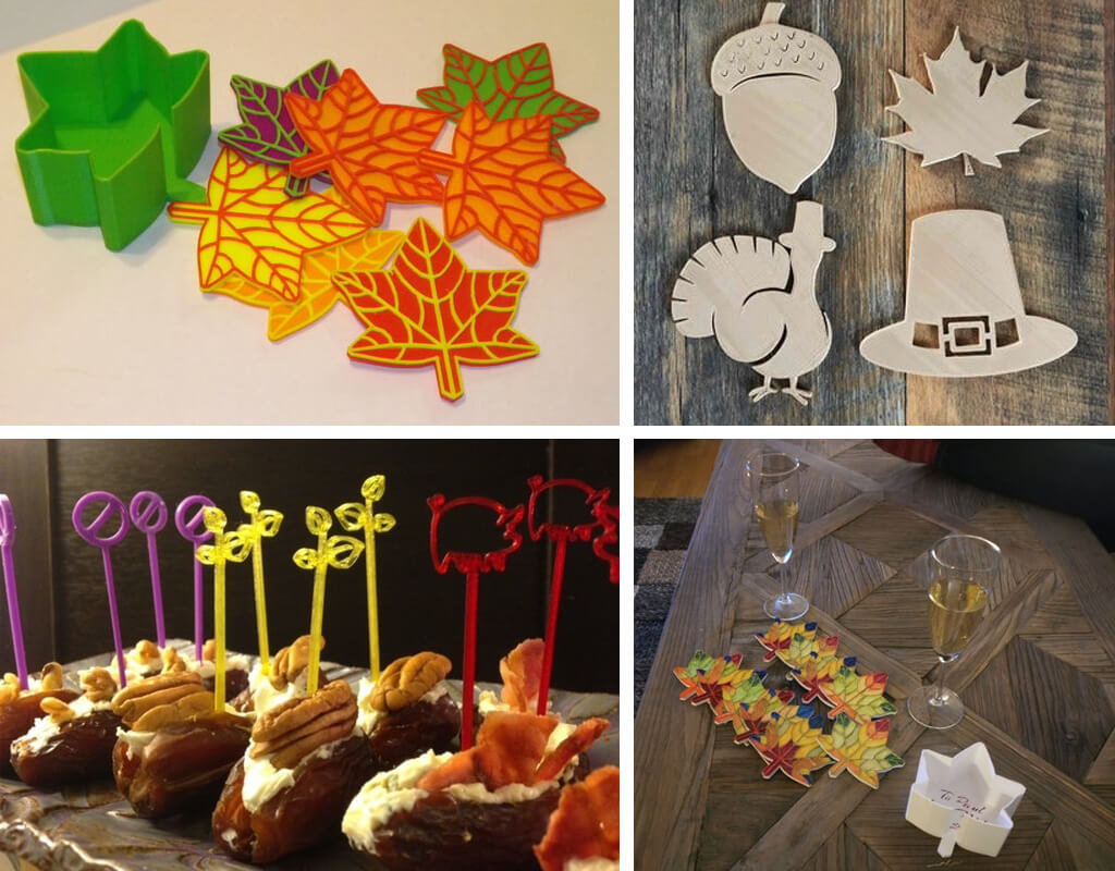 Turkey and fall leaf drink coasters and toothpicks 3D printed