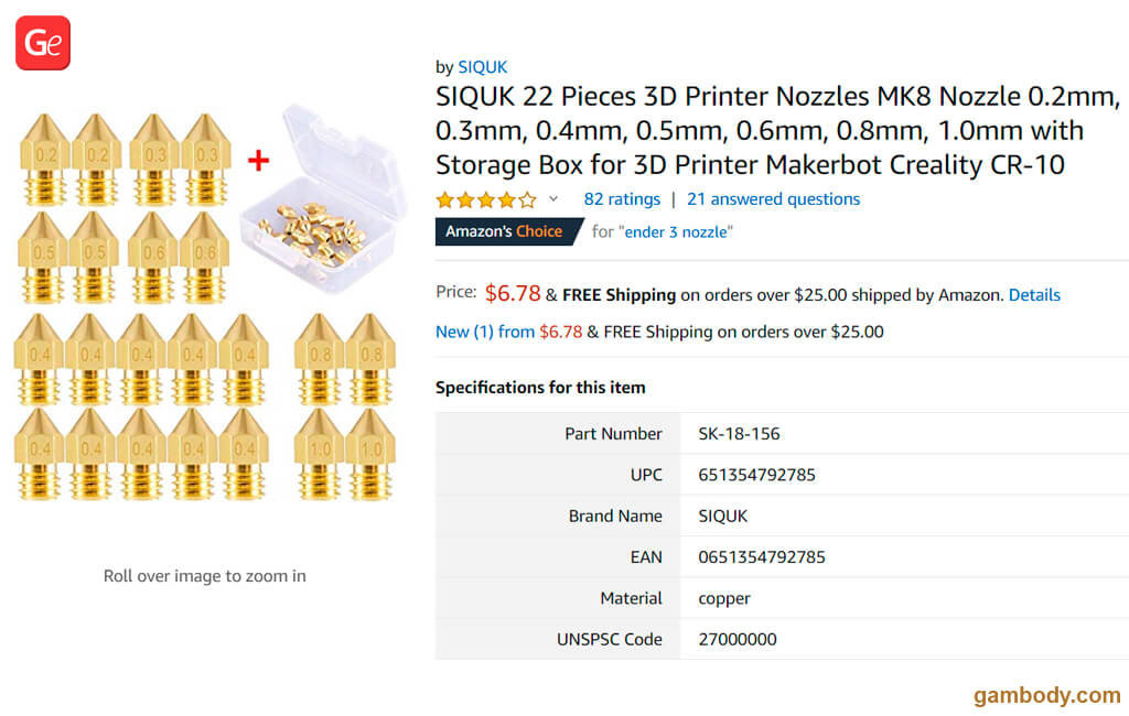 Standard nozzles for a 3D printer (replacement kit)
