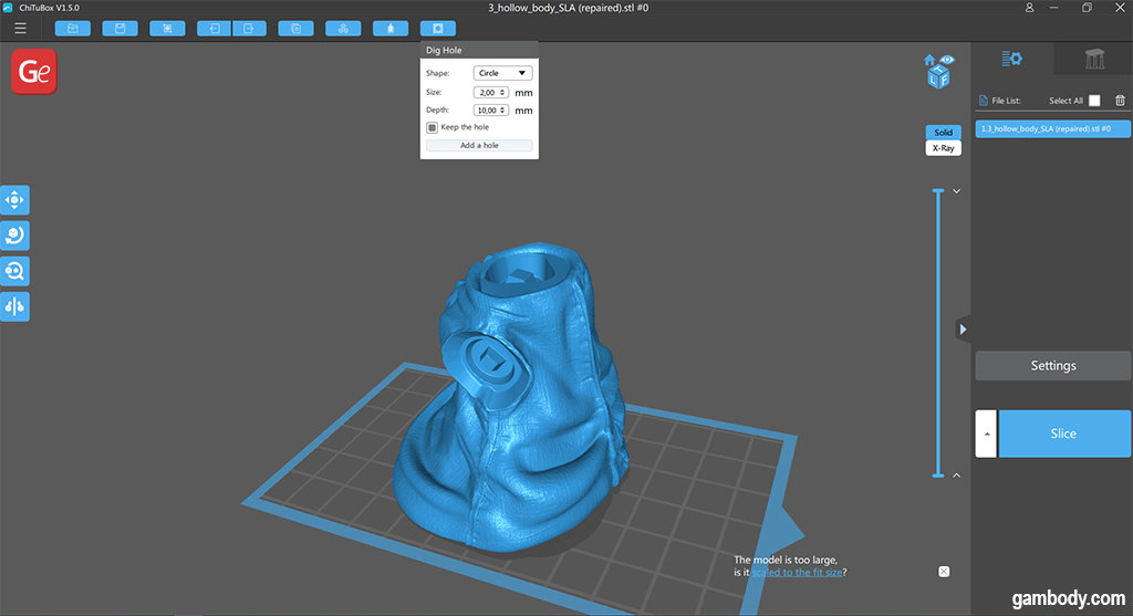 ChiTuBox Dig Hole option to add rain holes to hollow models resin 3D printing