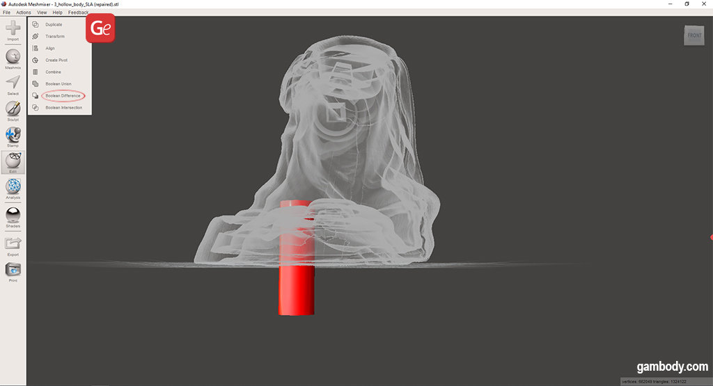 Meshmixer Boolean Difference to add vent holes in hollow models for resin 3D printing