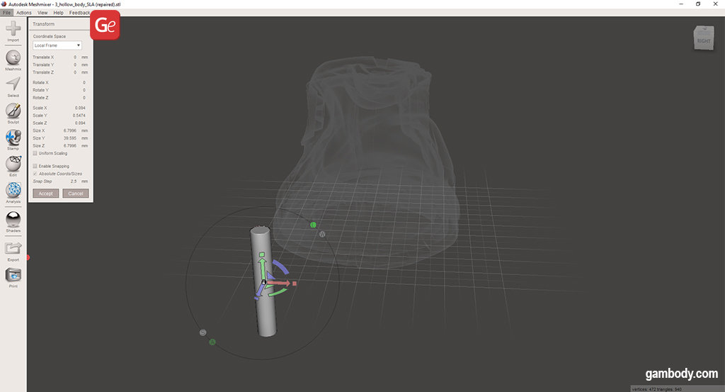 Stretch cylinder for boolean operation in Meshmixer add vent hole to hollowed-out 3D printing model