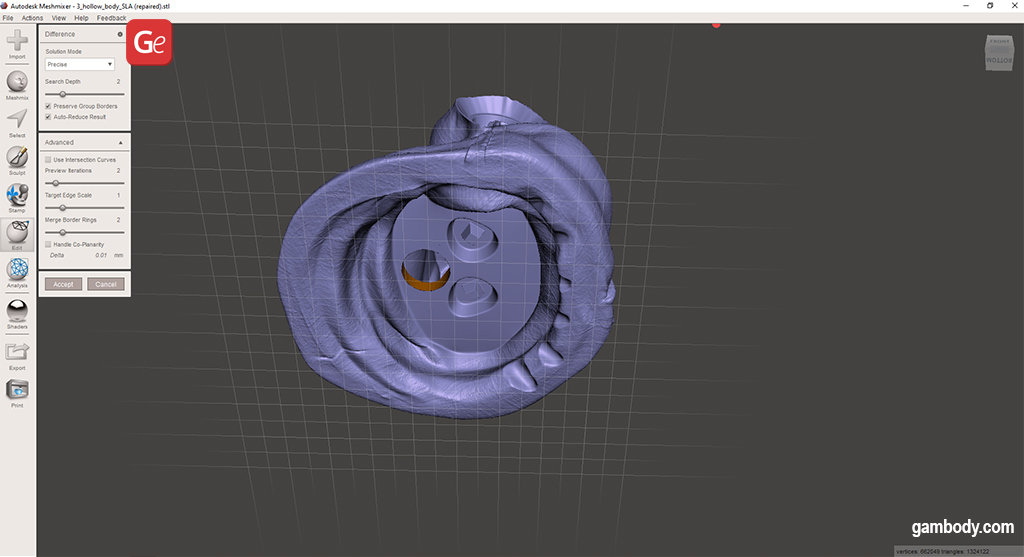 How to drain a vent hole in hollow model with Meshmixer