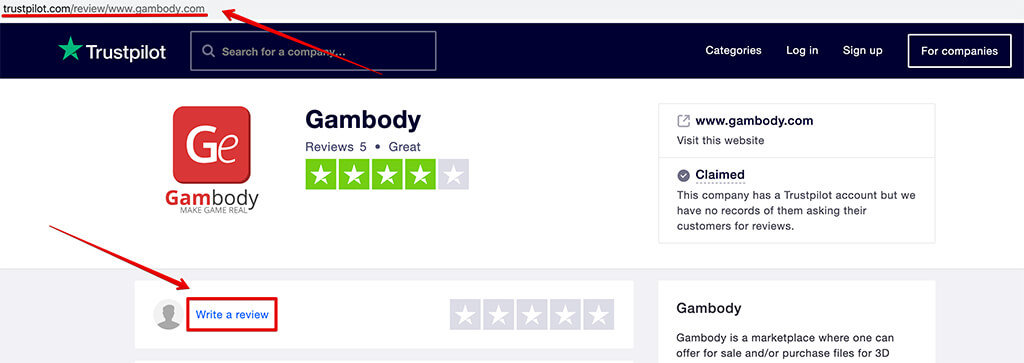 Trustpilot reviews for Gambody 3D printing marketplace