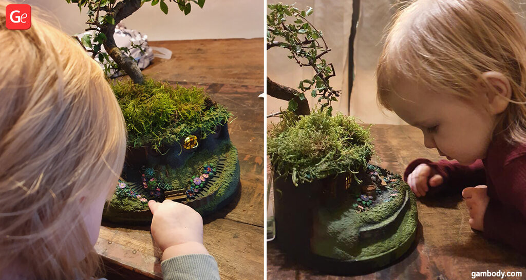 Hobbit House bonsai planter 3D printed size compared to a child