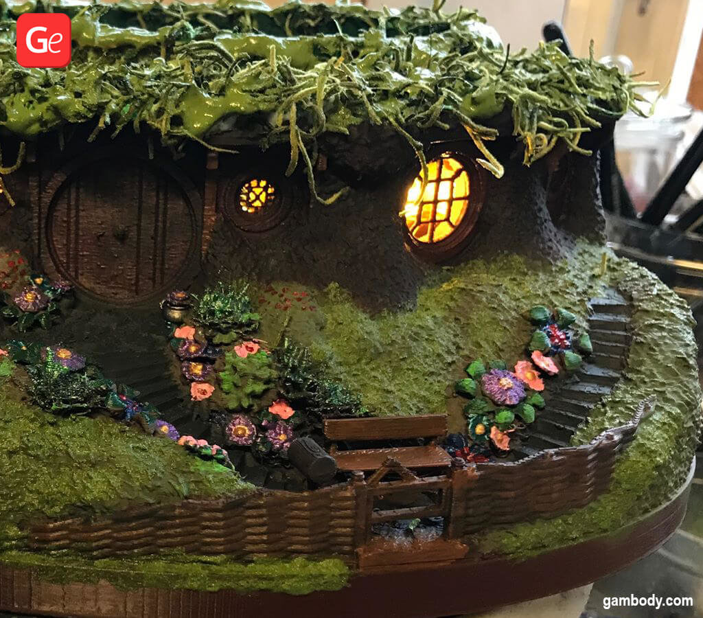 Hobbit house with lights as bonsai tree pot 3D printed model