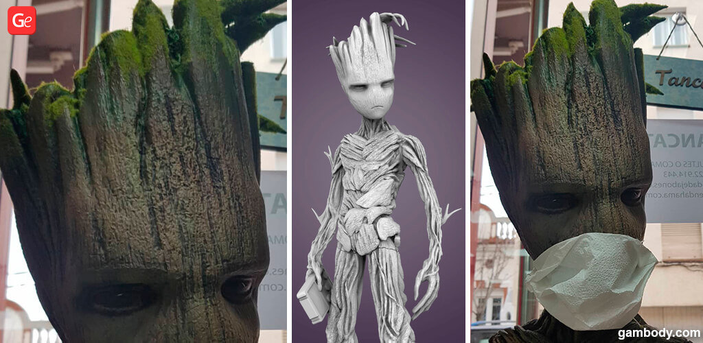 Groot 3D print with a mask on tree-like creature's face