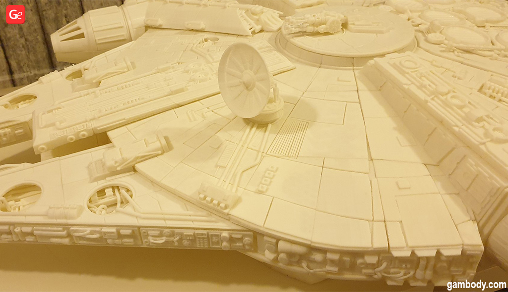 3D printed Millennium Falcon model with docking ring and tracery