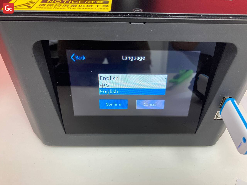 Language menu on new Creality Halot-One resin 3D printer