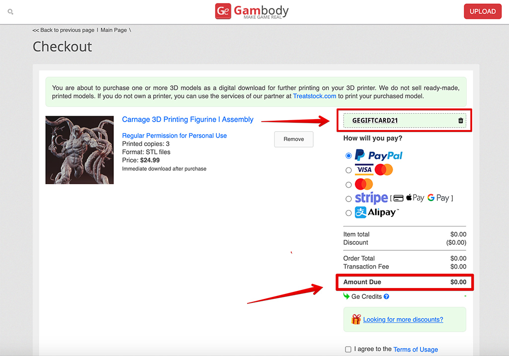 Example of Gambody gift card code