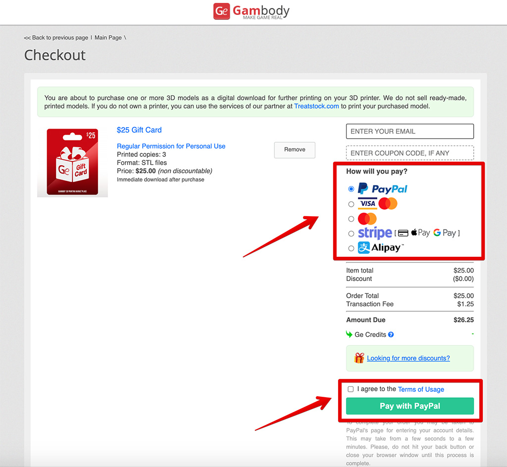 How to purchase a gift card on Gambody 3D printing marketplace
