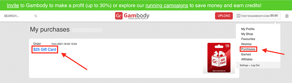 Where to find a gift card in Gambody account, Purchases tab