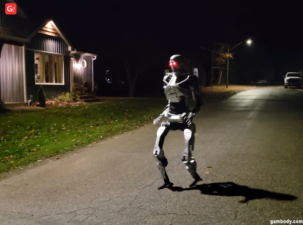 Humanoid robot dressed as T-800 Endoskeleton 3D printed Halloween decorations