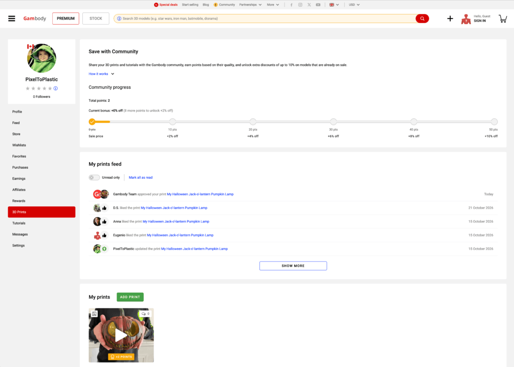Gambody 3D Printing Community — Save with Community bonus progress showing earned points, discount milestones, and published prints.