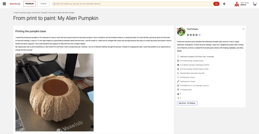 Gambody 3D Printing Community tutorial showing step-by-step instructions and photos for printing and painting an Alien Pumpkin.