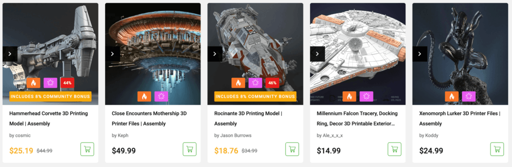 Gambody 3D Printing Community bonus displayed on model cards, showing extra discounts and sale prices in the catalog.