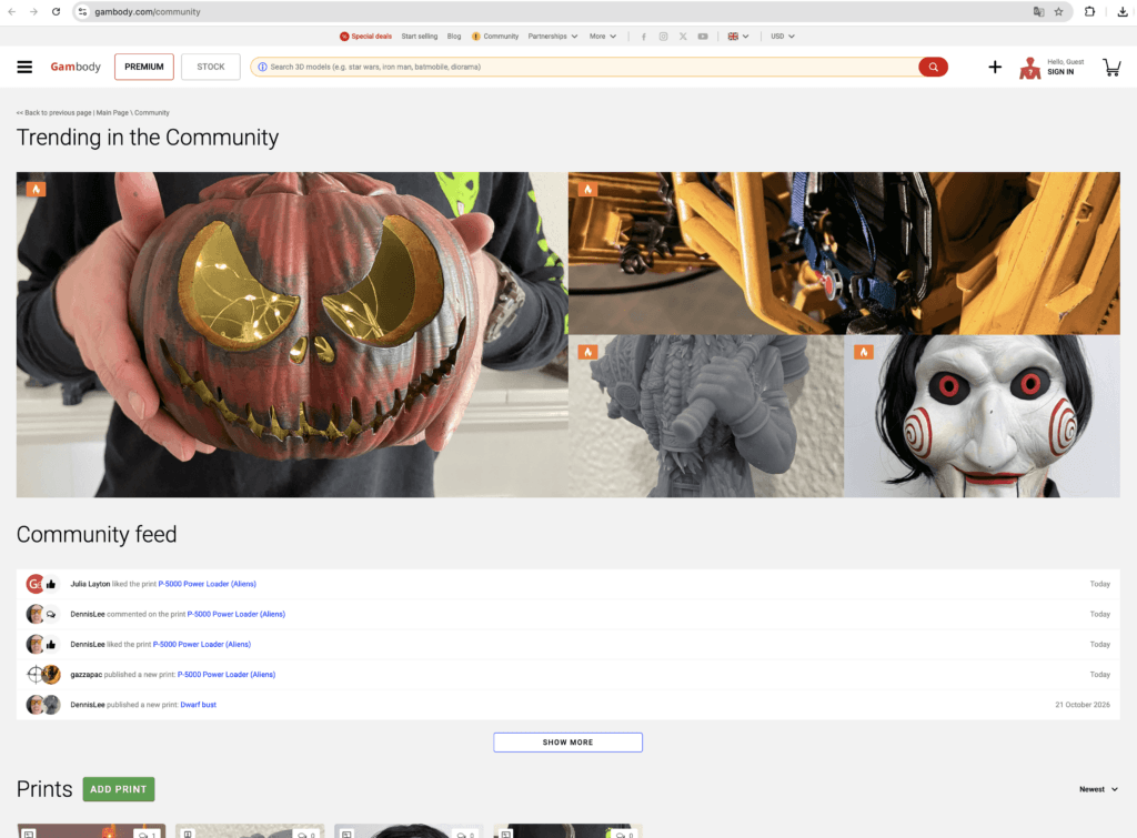Gambody 3D Printing Community main page featuring trending 3D prints, Community feed, and maker projects.
