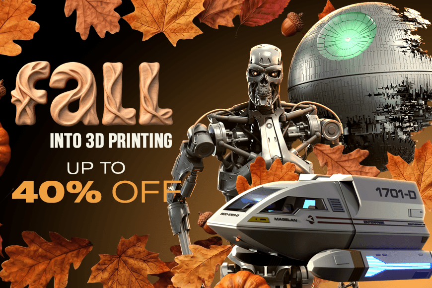 Autumn-themed 3D print sale banner with a robot, spaceship, and a spherical space station. Up to 40% off.