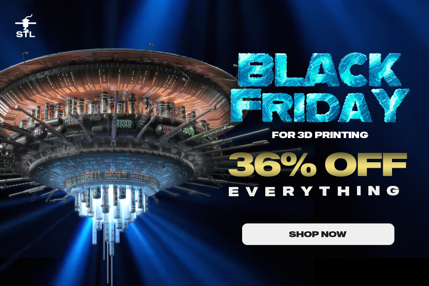 Black Friday 2025: 36% off all 3D printing models. Futuristic spaceship design backdrop, shop now!