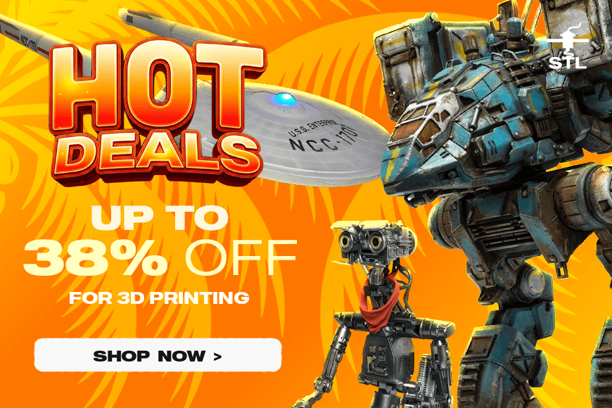 'Hot Deals: Up to 38% off on 3D printing models. Sci-fi ship and robots featured. Shop now!'
