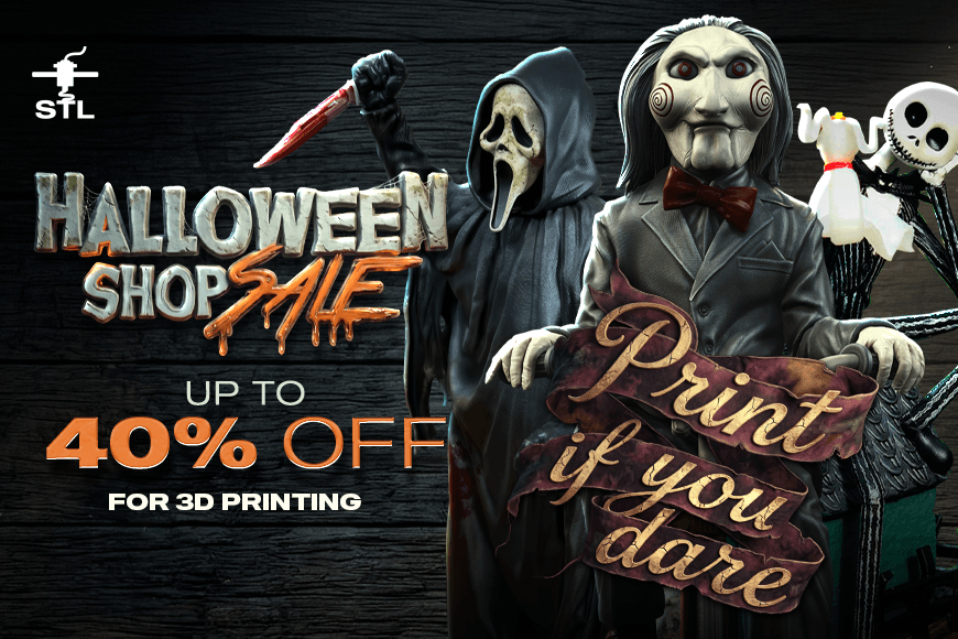 Halloween Shop Sale: Up to 40% off spooky 3D model prints. Creepy characters and eerie offers await!