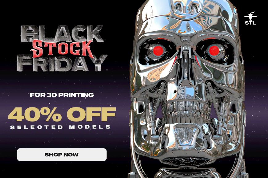 Promo for Black Friday Stock 2025: 40% off 3D print models featuring iconic cyborg head.