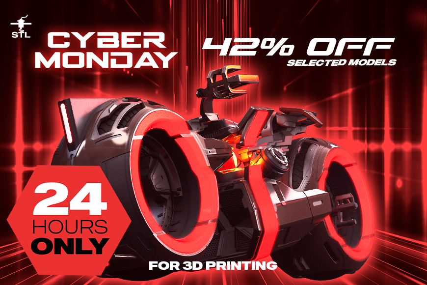 Cyber Monday 2025: 42% off selected 3D models, 24 hours only. Features a futuristic motorcycle design.