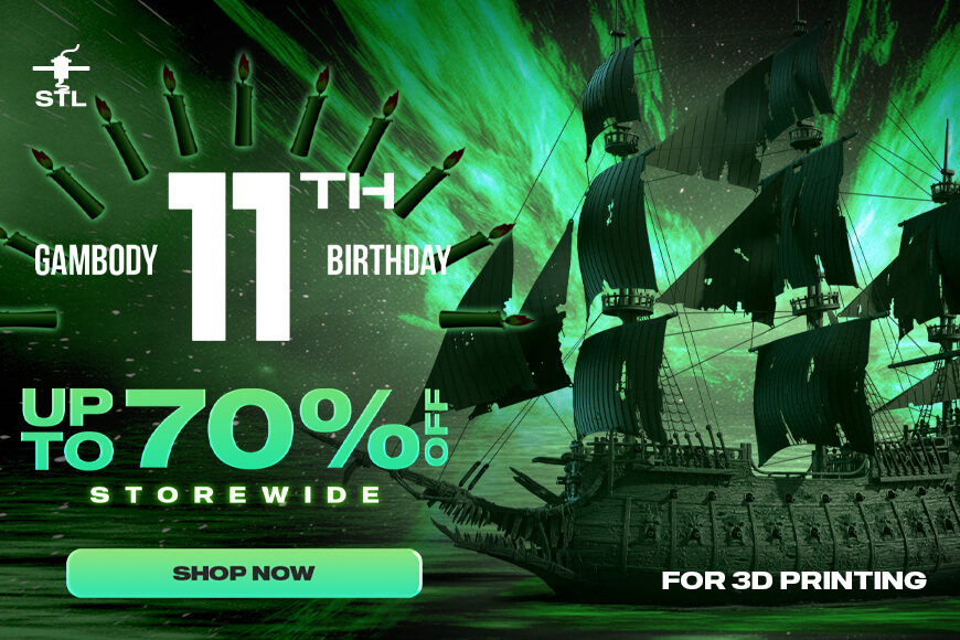 Gambody 11th Birthday promo with pirate ship, offering up to 70% off on 3D printing models. Shop now!