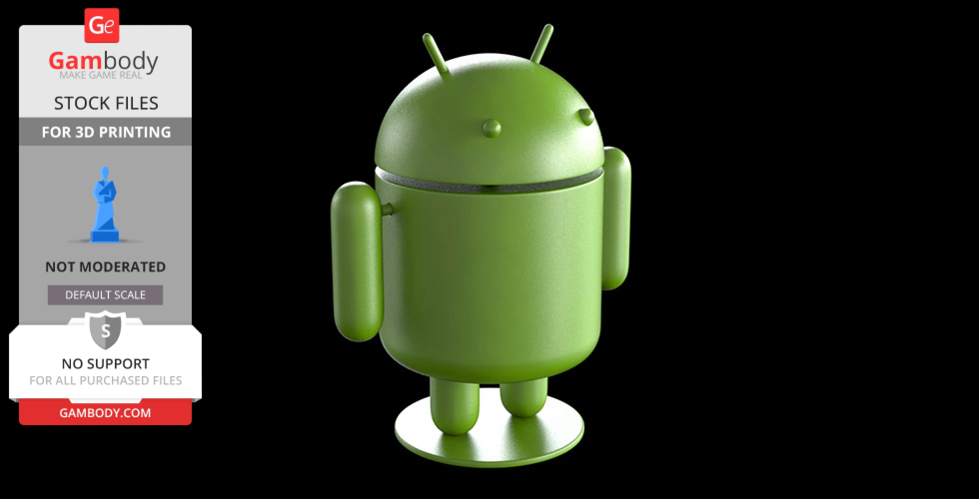Green Android mascot figurine with antennas, cylindrical limbs, and a base for 3D printing.