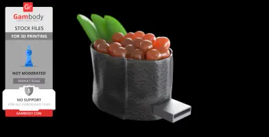 Flash drive case designed to look like sushi ikura with green leaves and orange roe on top.