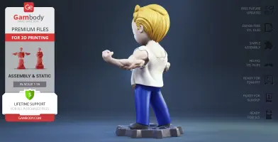 A muscular character with blonde hair, wearing a sleeveless white top, flexes on a gear-shaped base.