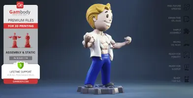 Smiling, muscular cartoon figure in blue pants and an open shirt, standing on a textured base.