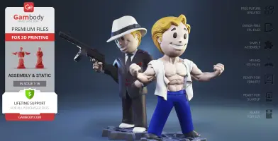 Muscular figure and gangster with a hat and gun, both in cartoon style, on a blue background.