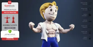 Smiling cartoon figure with muscles, wearing a torn shirt and blue pants, flexing arms.