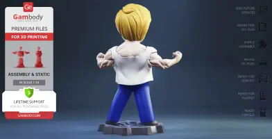 Muscular character in ripped shirt and blue pants, flexing arms, standing on a round base.