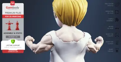 Muscular character figure from behind with blonde hair, flexing arms; 3D print model features detailed muscles.
