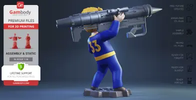 A cartoon character in a blue jumpsuit with '33' holds a large weapon on his shoulder, standing on a base.