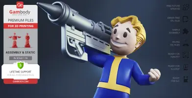 Smiling Vault Boy holding a large gun, wearing a blue and yellow jumpsuit.