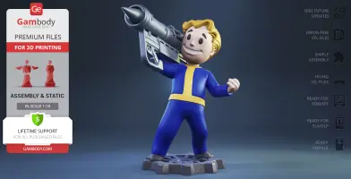 Smiling character in a blue and yellow outfit holds a large rocket launcher, standing on a round base.