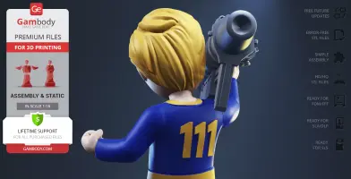 3D model of Vault Boy in blue outfit holding a large gun. Number 111 on his back.