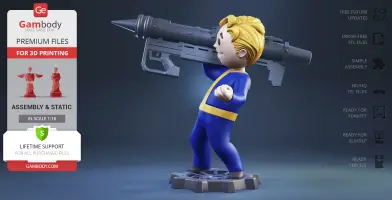 Vault Boy in blue-yellow jumpsuit holding a missile launcher on shoulder, ready for 3D printing.