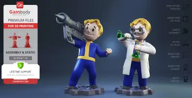 Two cartoon figures: one in blue with a large gun, another in a lab coat holding green flasks.