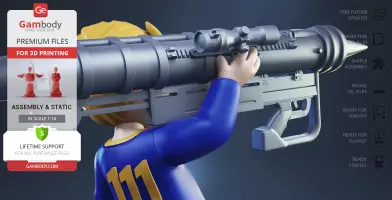Vault Boy holding a large gun, wearing a blue outfit with yellow numbers; 3D print model promo.