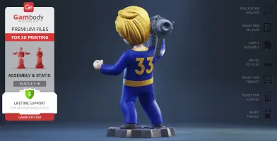 Chibi figure in blue suit with yellow 33, holding a large gun on shoulder, on a display stand.
