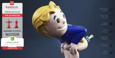 Smiling Vault Boy in blue suit bending over, holding hands on knees, with syringe in hip.