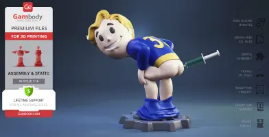 Vault Boy in a humorous pose, trousers down, holding a large syringe behind, standing on a gear base.