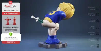 Vault Boy in blue outfit bending forward with a syringe in his backside, ready for 3D printing.