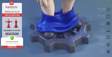 Cartoon figure in blue pants on a gear-shaped base for 3D printing.