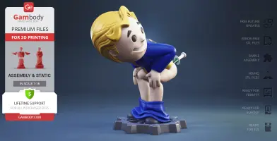 3D model of a cartoon character bending over with a syringe in the rear, standing on a gear-shaped base.